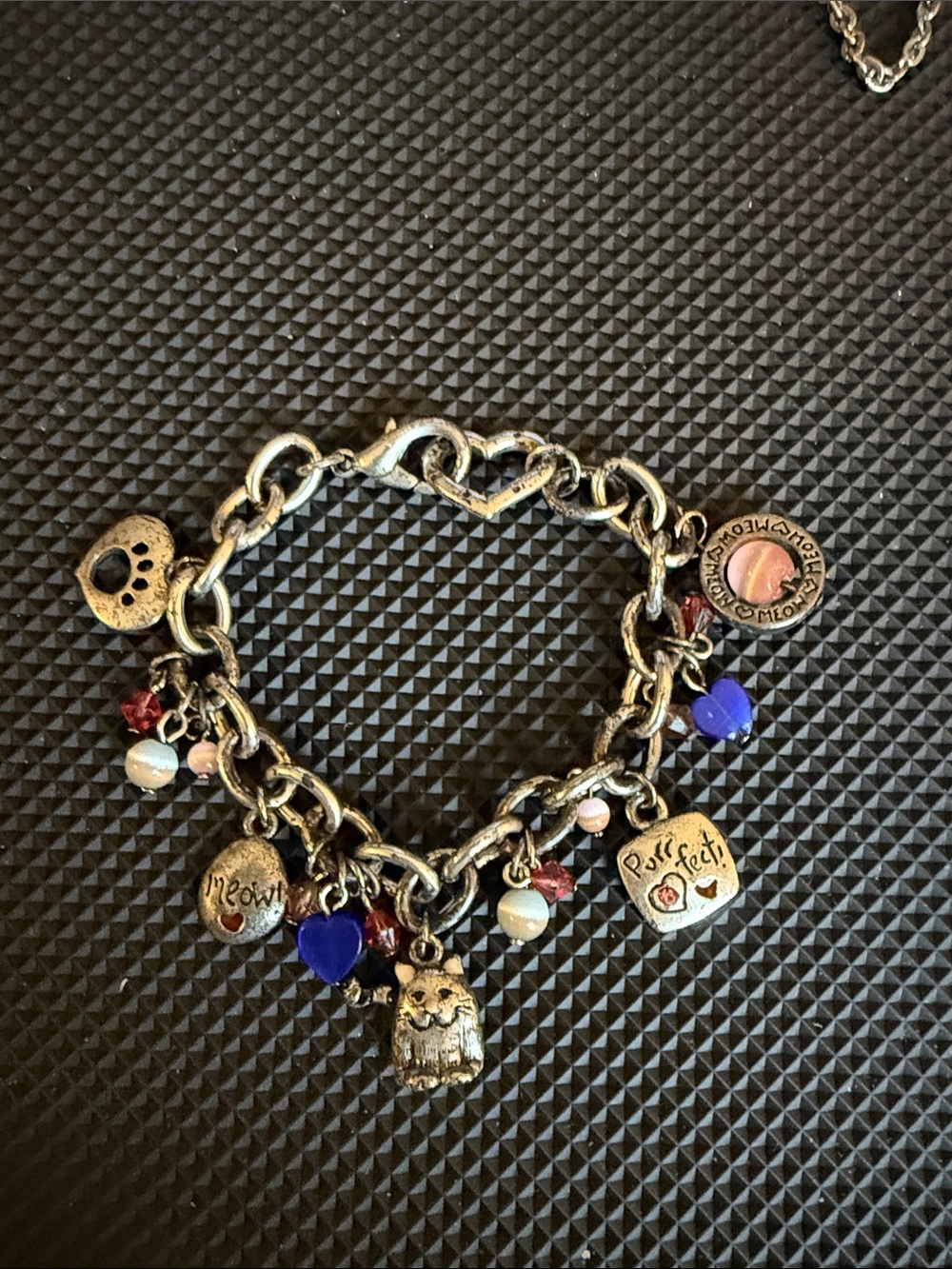 Silver-Tone 'Purrfect' Cat Charm Bracelet with Blue and Pink Accents